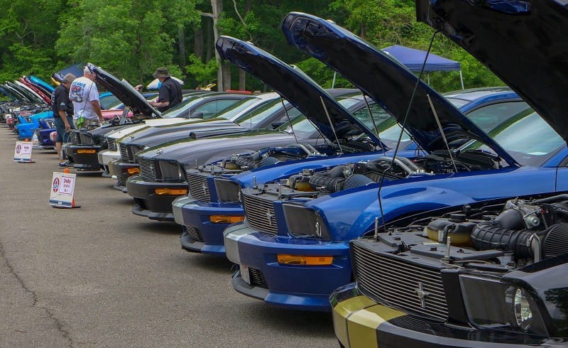 Cars with hoods up at the 24th Annual Fizz Ehrler Memorial Turning Back Time Car Show